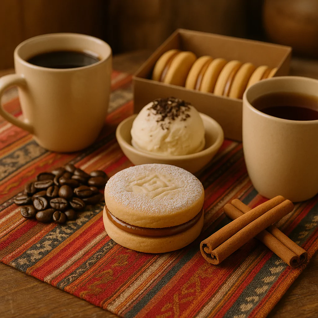 Peruvian alfajor with coffee, cinnamon sticks, and vanilla ice cream