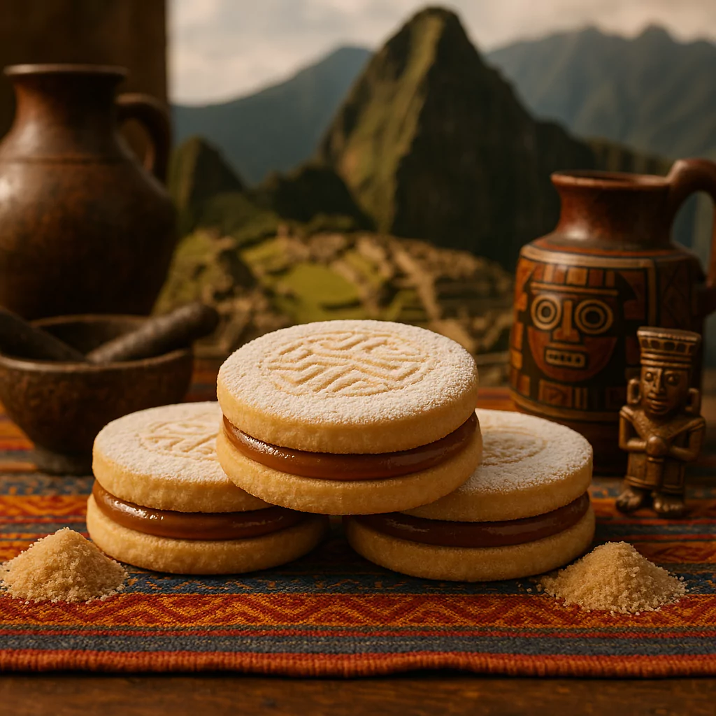 Peruvian alfajores with manjar blanco in front of Machu Picchu