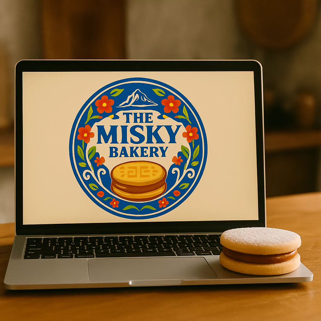 logo of The Misky Bakery on a laptop with alfajores beside it