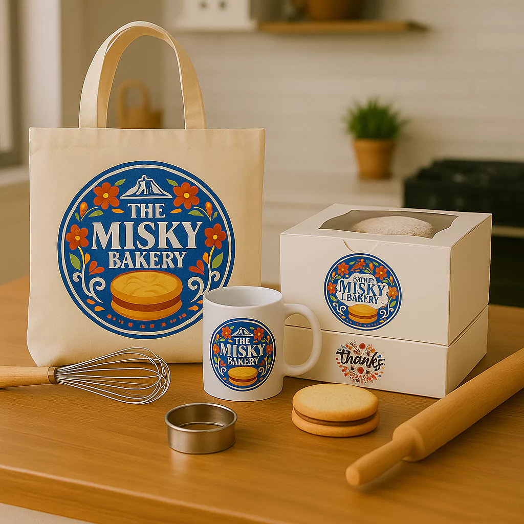 branded tote, mug, and boxes from The Misky Bakery with Peruvian alfajores