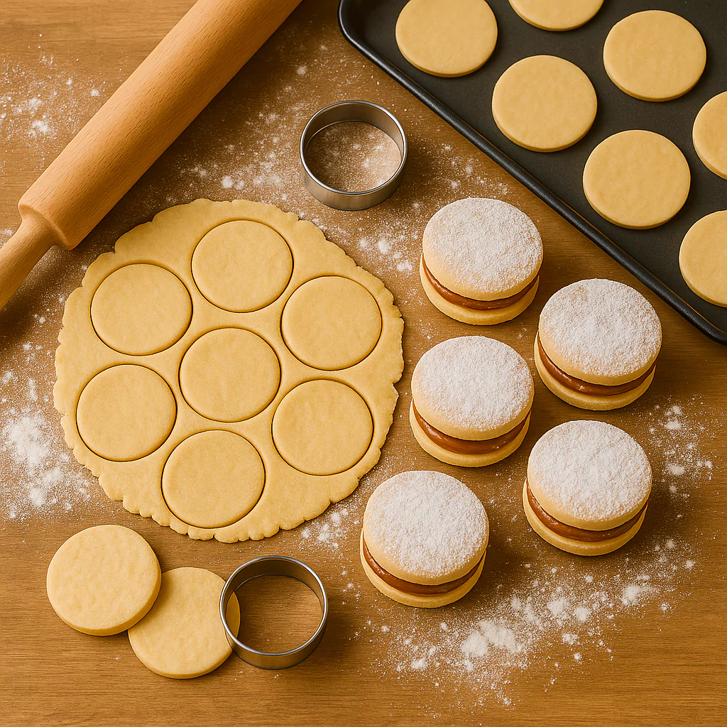 raw dough and finished Peruvian alfajores with powdered sugar on wooden surface
