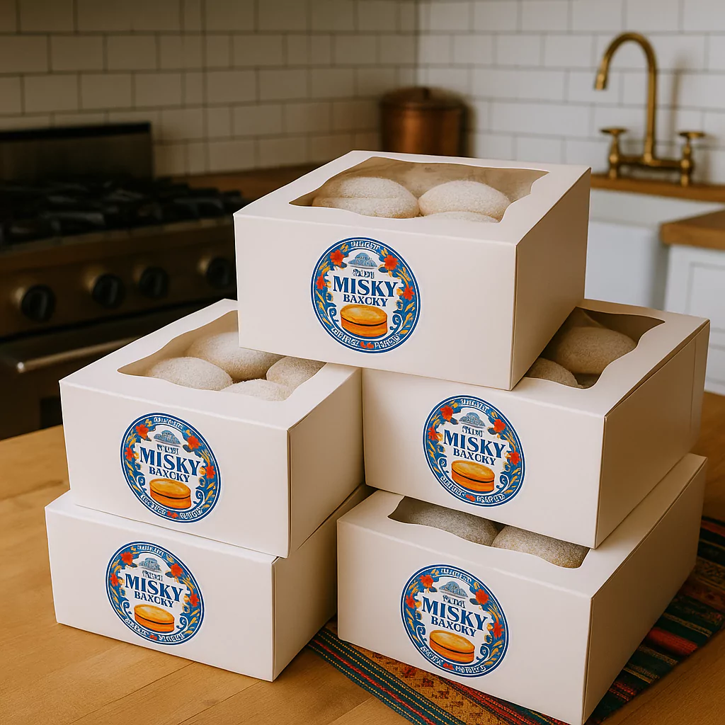 stacked boxes of Peruvian alfajores from The Misky Bakery on a kitchen counter