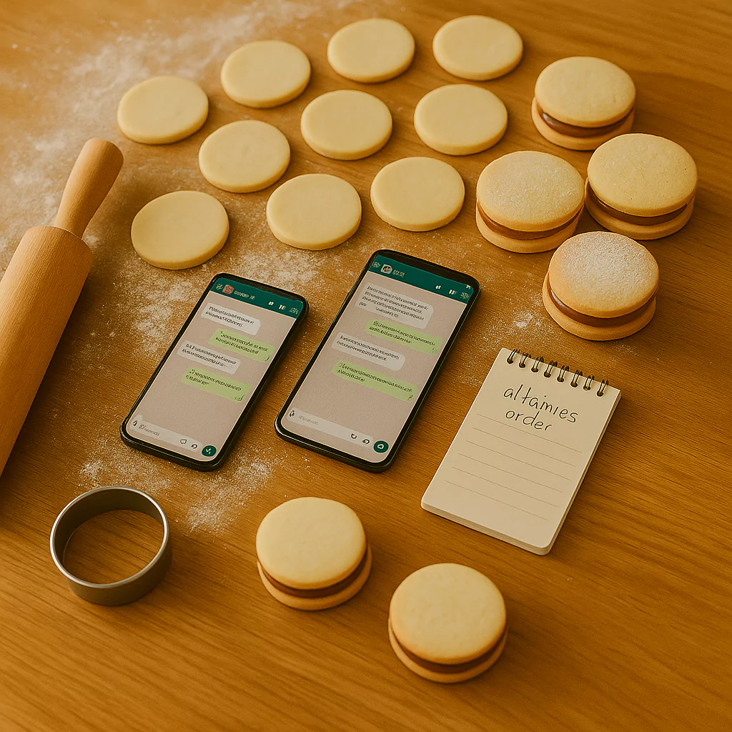 alfajores in preparation with WhatsApp orders and handwritten note