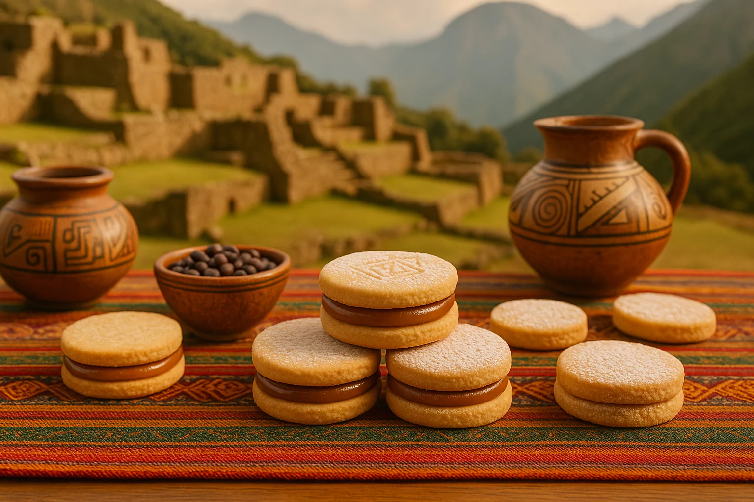 Peruvian alfajores with manjar blanco on colorful textile in the Andes