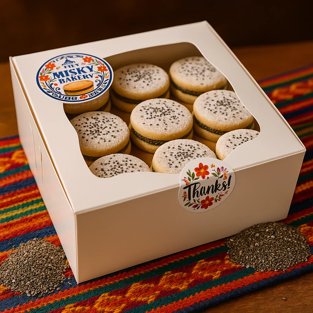 chia-flavored alfajores in gift box with "Thanks!" sticker and chia seeds