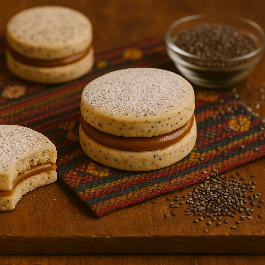 chia alfajores filled with manjar blanco and sprinkled with chia seeds