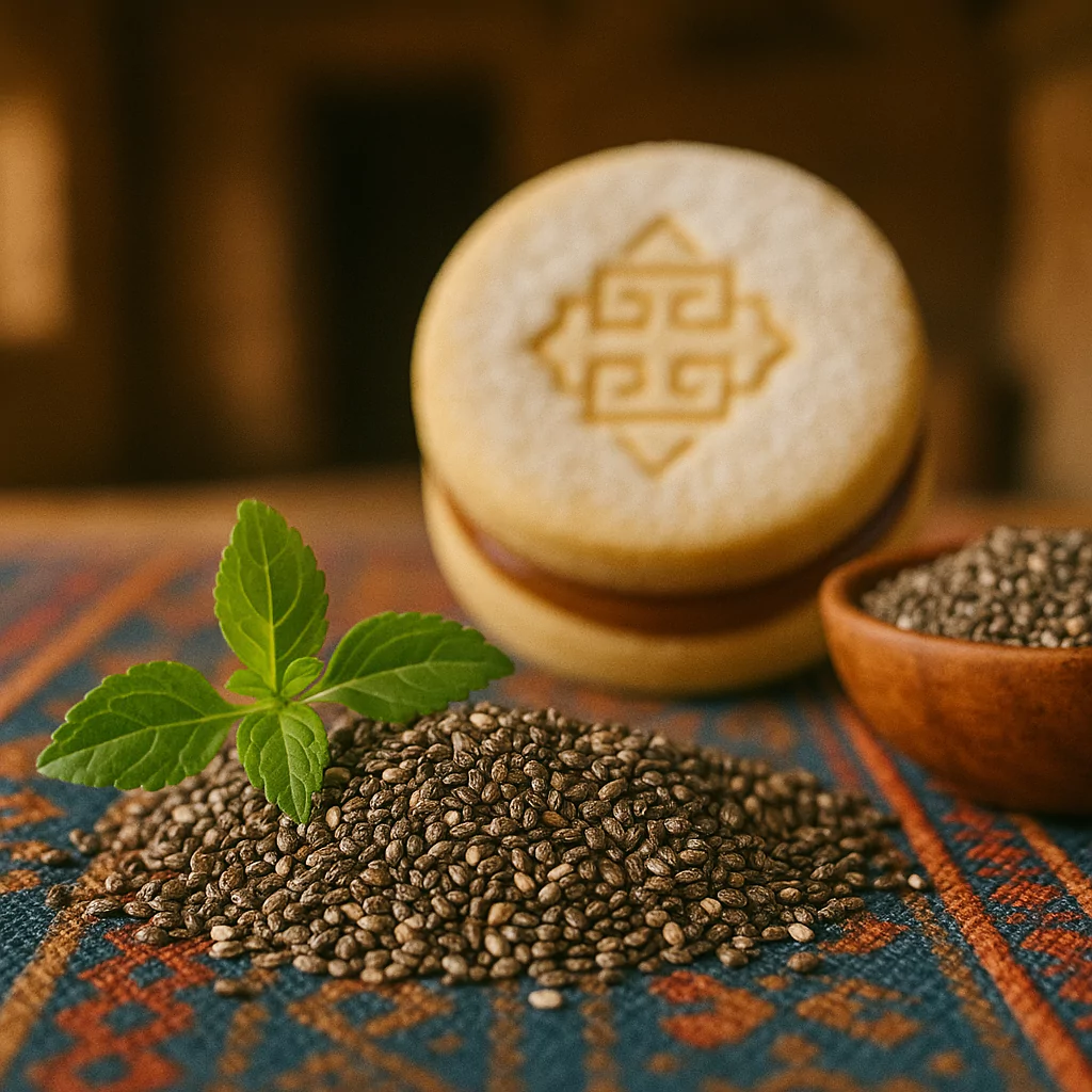 Peruvian alfajor with chia seeds and manjar blanco on colorful Andean textile