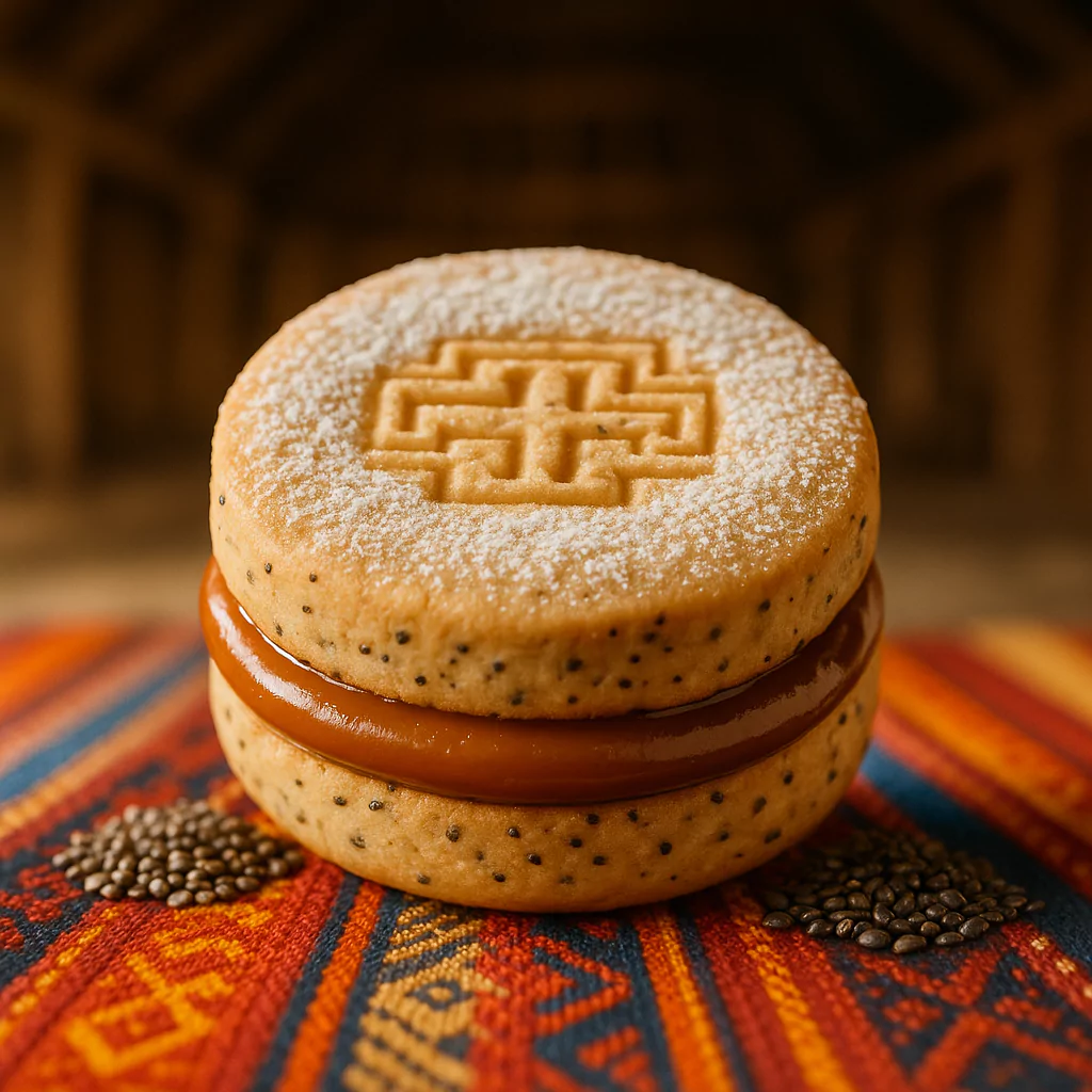 close-up of a Peruvian chia alfajor filled with manjar blanco