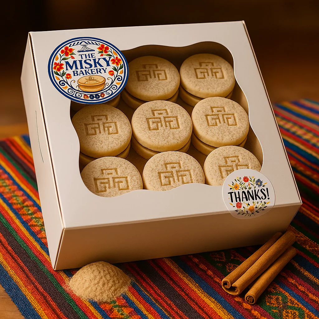 box of Peruvian alfajores with cinnamon sticks and raw sugar