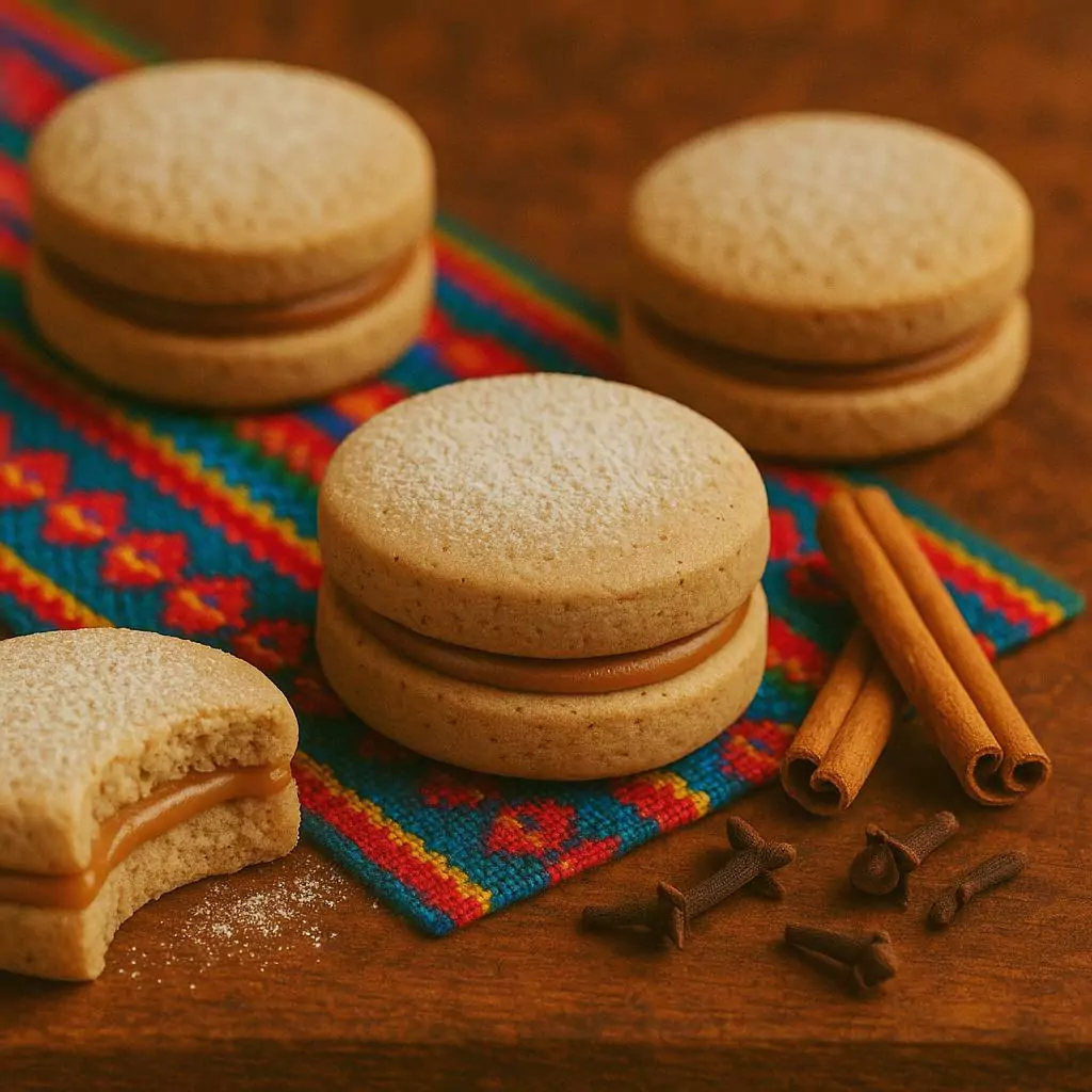 Spiced Peruvian alfajores with manjar blanco, cinnamon sticks, and cloves