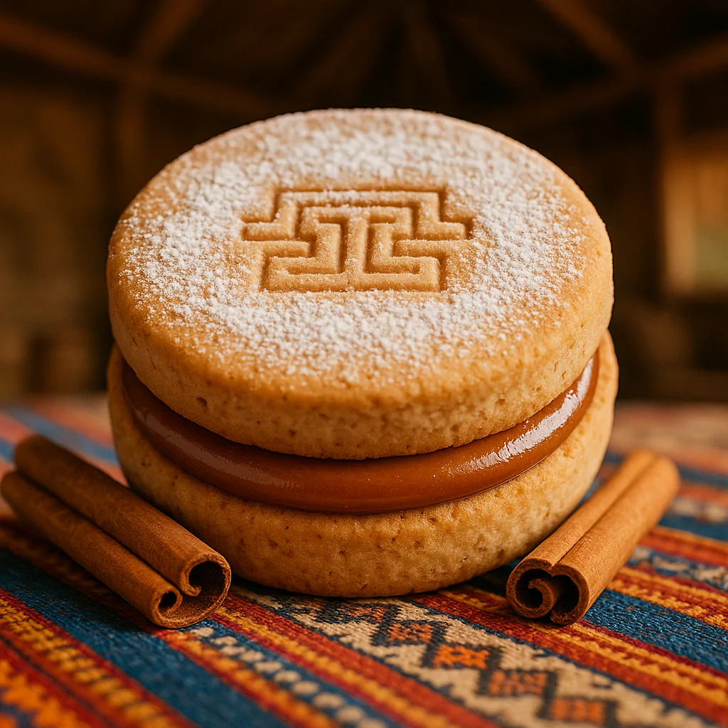 Peruvian cinnamon alfajor filled with manjar blanco on traditional Andean textile