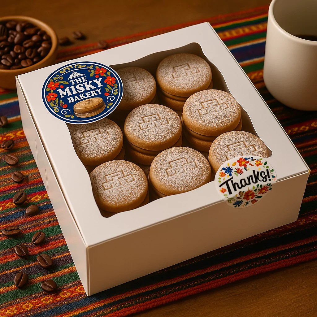 box of Peruvian alfajores with coffee beans and a thank you sticker