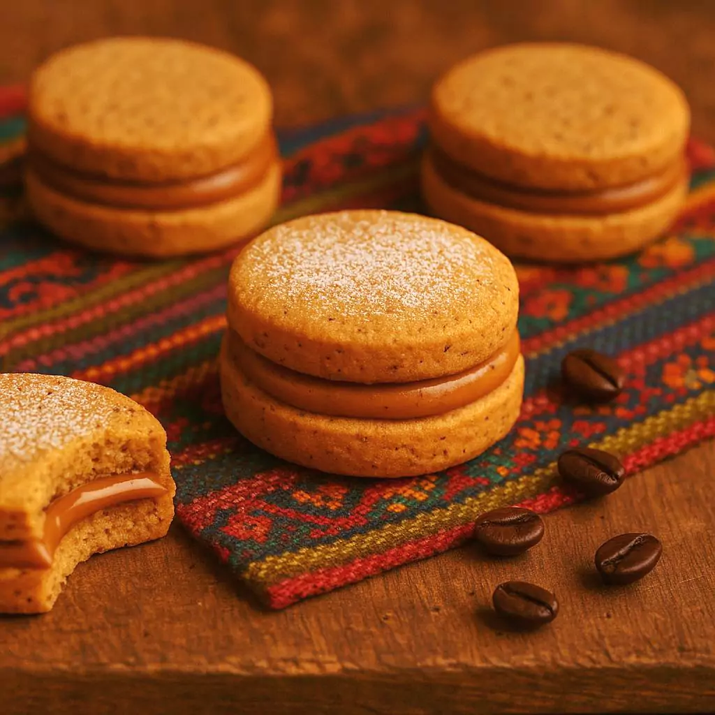 coffee-flavored alfajores filled with manjar blanco on Andean textile