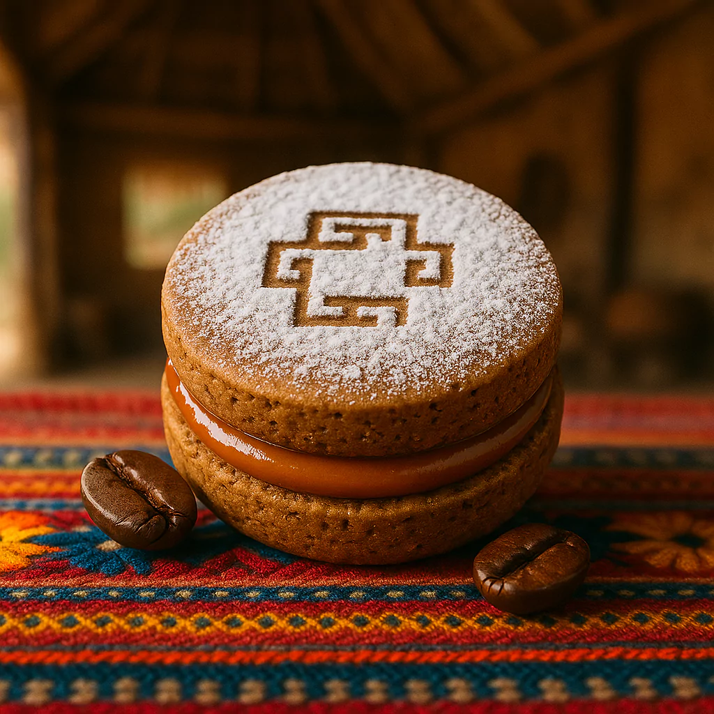 coffee-flavored Peruvian alfajor with manjar blanco and Inka cross