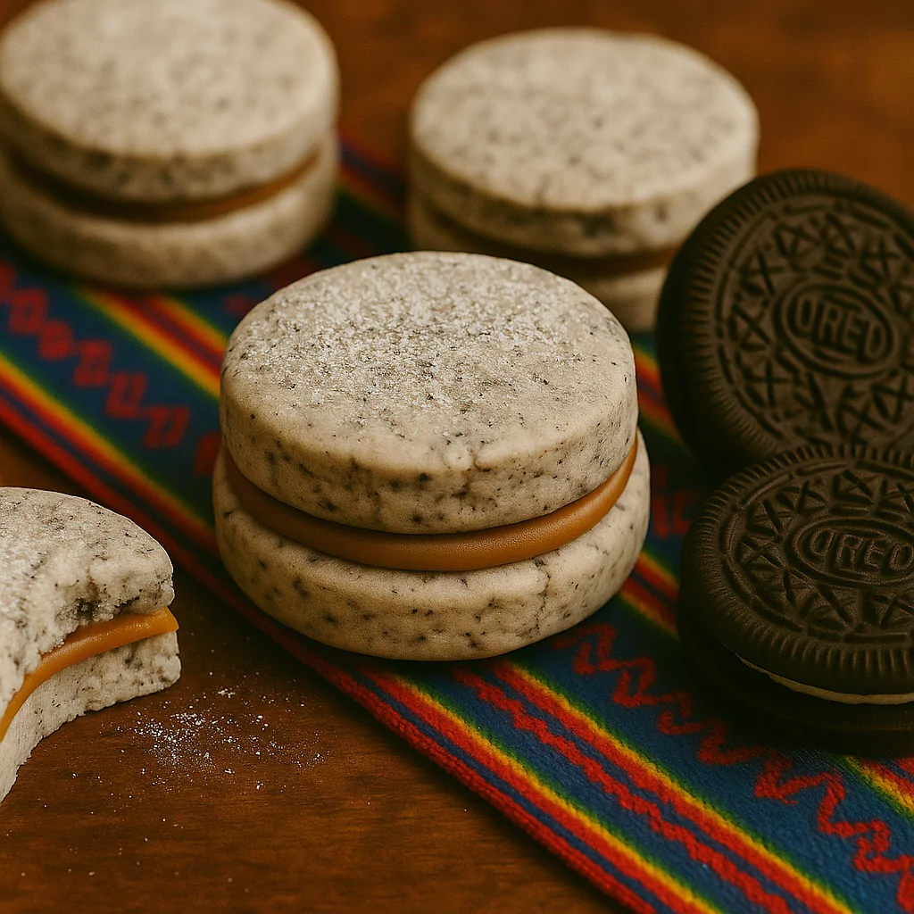 cookies and cream alfajores with manjar blanco filling next to Oreo cookies