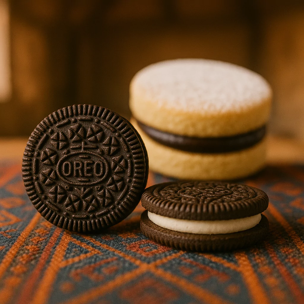 Oreo cookie next to a chocolate-filled Peruvian alfajor on Andean textile