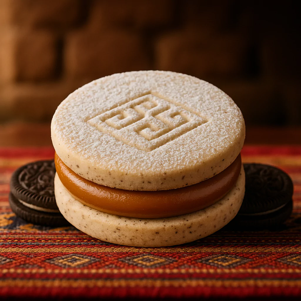 alfajor with manjar blanco and speckled cookie next to Oreo cookies