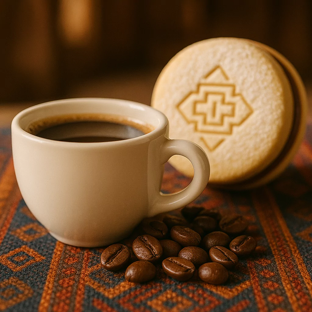 Peruvian alfajor with coffee beans and cup of black coffee