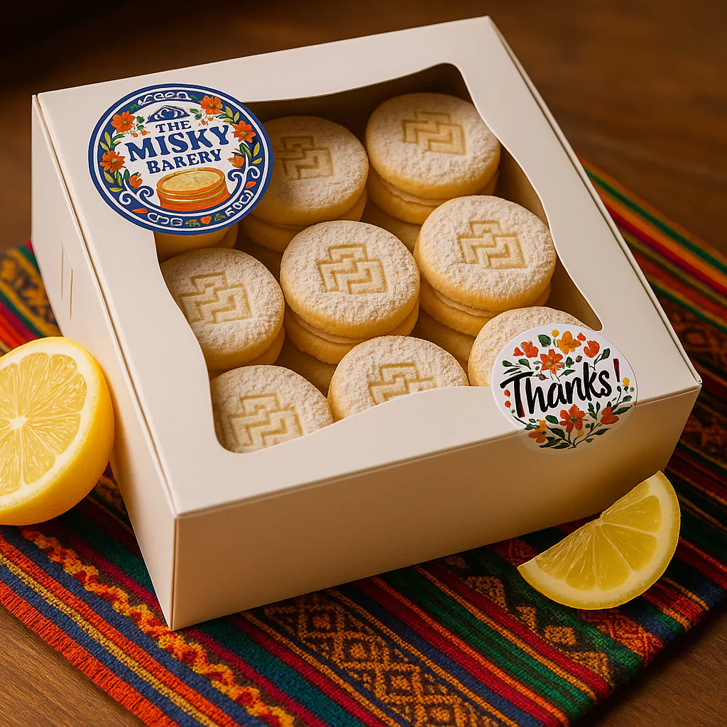 box of Peruvian alfajores with “Thanks” sticker and lemon slices