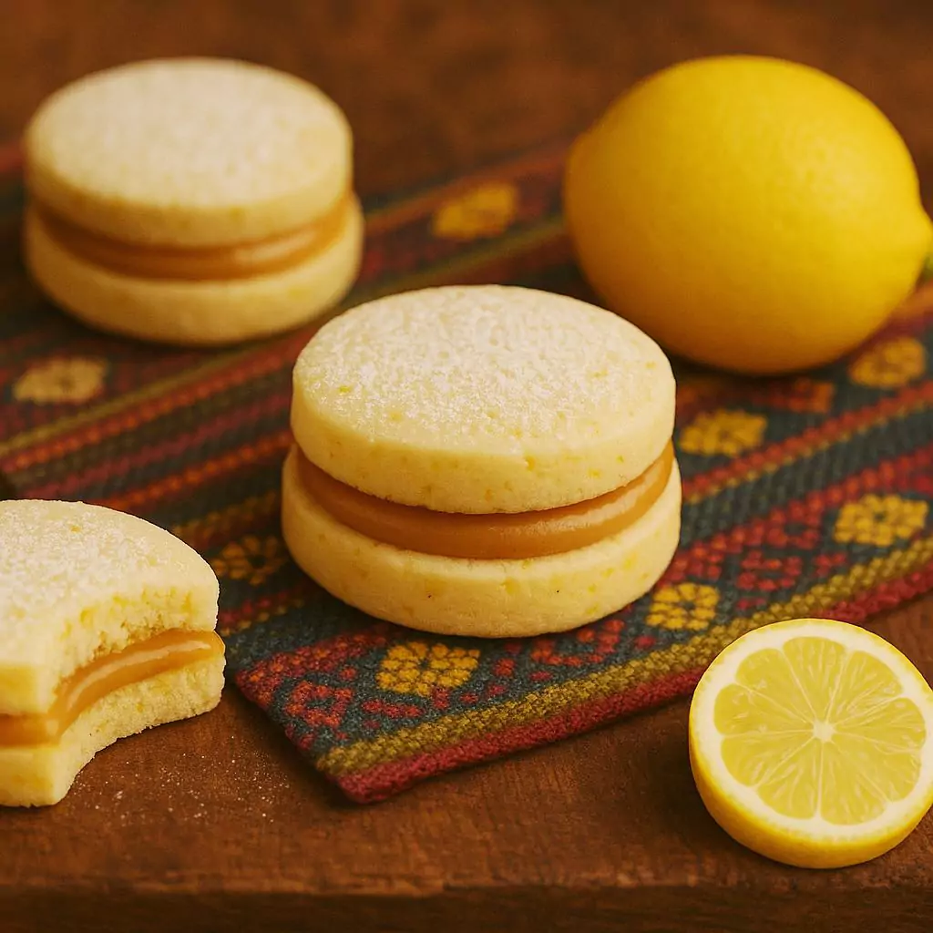 lemon-flavored Peruvian alfajores with manjar blanco on Andean textile