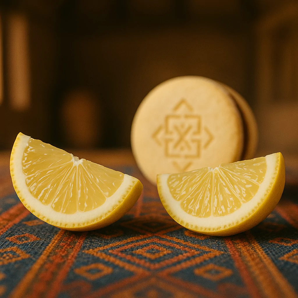 lemon wedges in front of a stamped Peruvian alfajor on Andean textile