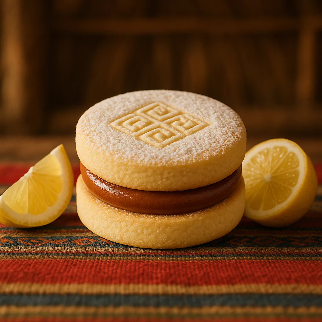 close-up of Peruvian alfajor with manjar blanco and lemon slices