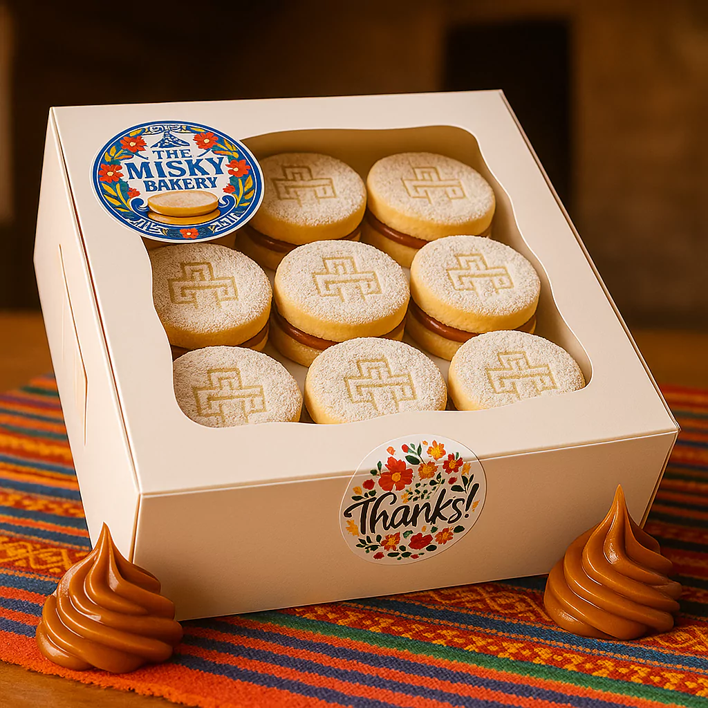 box of Peruvian alfajores filled with manjar blanco from Misky Bakery