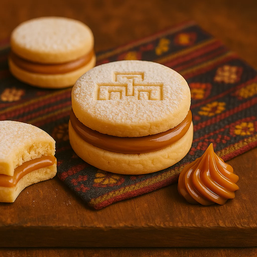 Peruvian alfajor filled with manjar blanco on a traditional Andean cloth