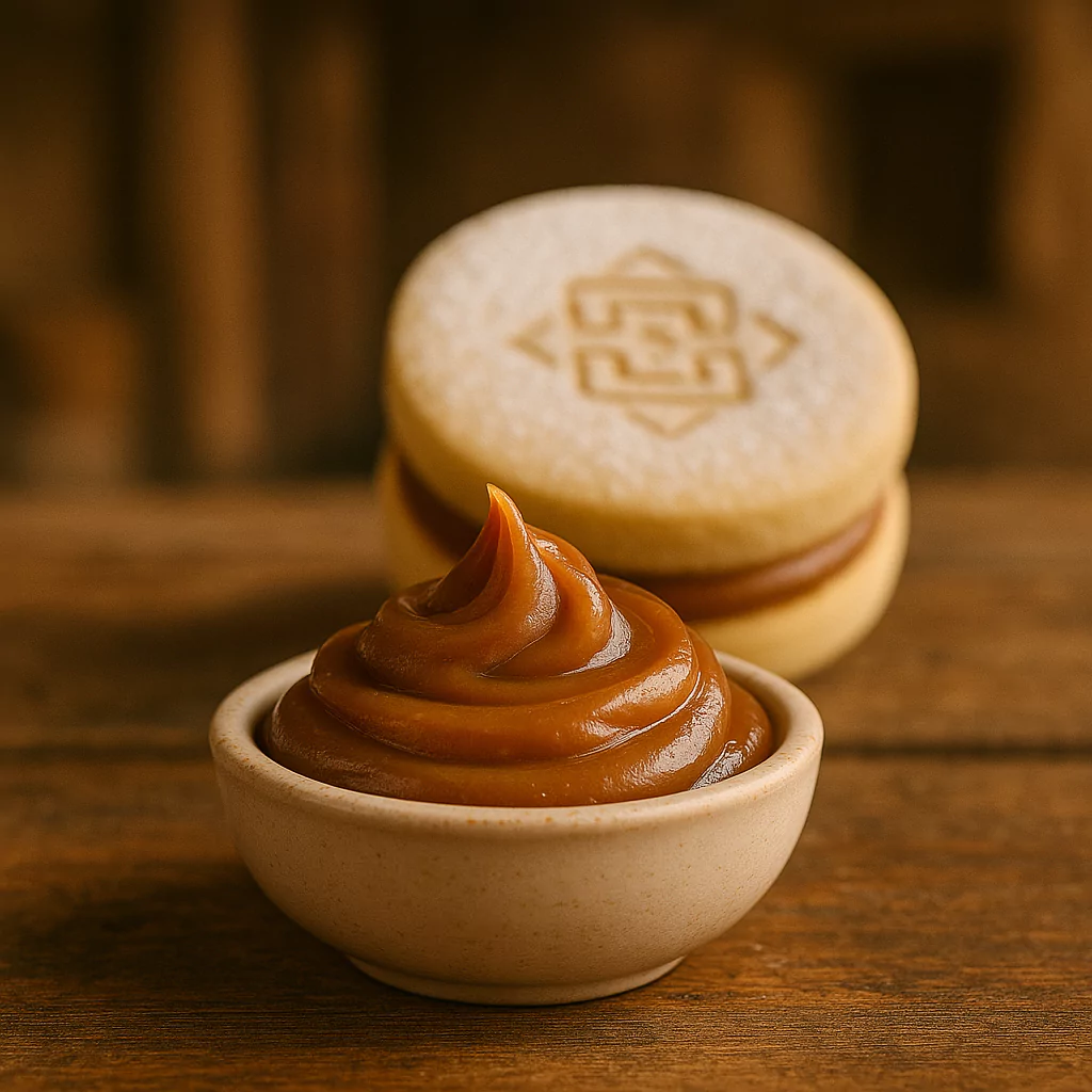 Bowl of manjar blanco next to a Peruvian alfajor