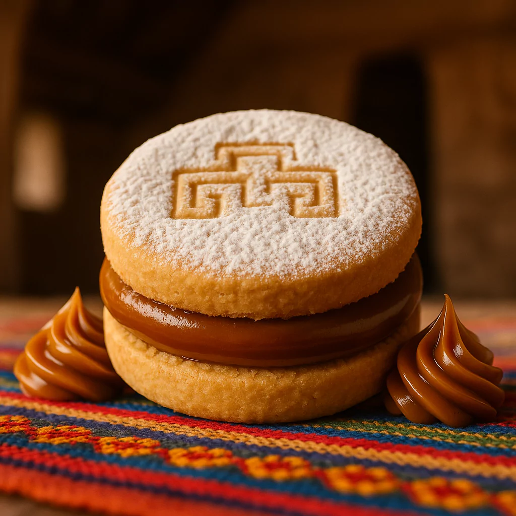 Peruvian alfajor with powdered sugar and manjar blanco filling on colorful textile