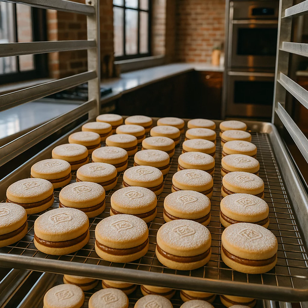 tray of Peruvian alfajores with manjar blanco cooling in commercial kitchen