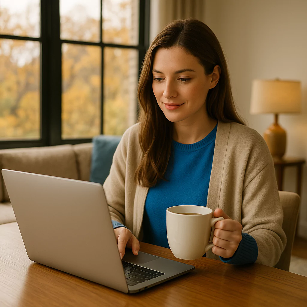woman holding coffee while using laptop in cozy home setting
