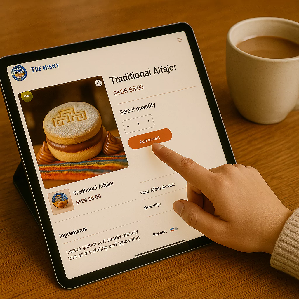 hand adding traditional alfajor to cart on tablet screen with coffee beside