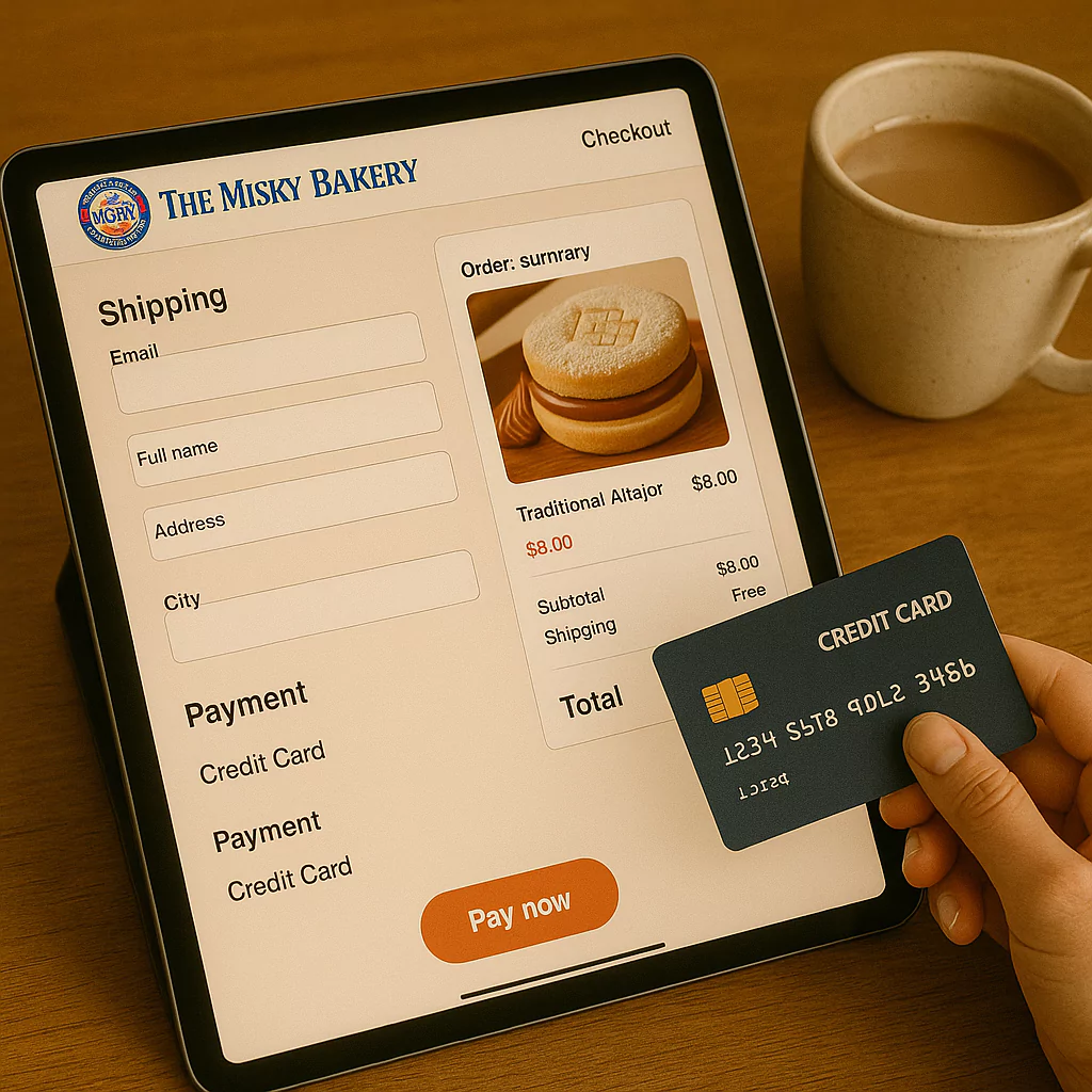 online checkout screen for traditional alfajor with credit card and coffee