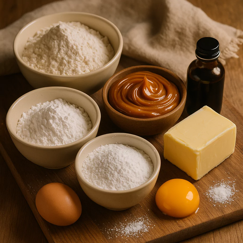 ingredients for Peruvian alfajores including flour, butter, eggs, and manjar blanco
